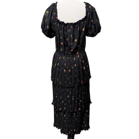 Wishing Waves Womens Sz L Black Floral Pleated Tiered Ruffles Puff Sleeve Dress - Picture 4 of 11